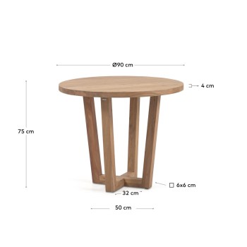 Mesa redonda Nahla en madera maciza de acacia con acabado natural, Ø 90 cm.