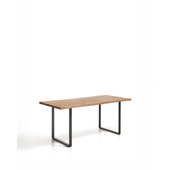 Mesa Uxue de madera maciza de acacia con patas de acero negro, 160 x 90 cm.