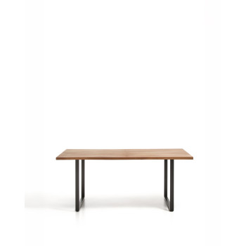 Mesa Uxue de madera maciza de acacia con patas de acero negro, 160 x 90 cm.