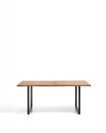 Mesa Uxue de madera maciza de acacia con patas de acero negro, 160 x 90 cm.