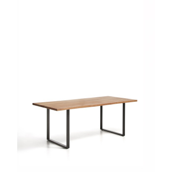 Mesa Uxue de madera maciza de acacia con patas de acero negro, 200 x 90 cm.