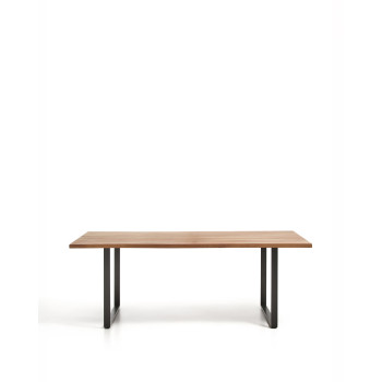 Mesa Uxue de madera maciza de acacia con patas de acero negro, 200 x 90 cm.