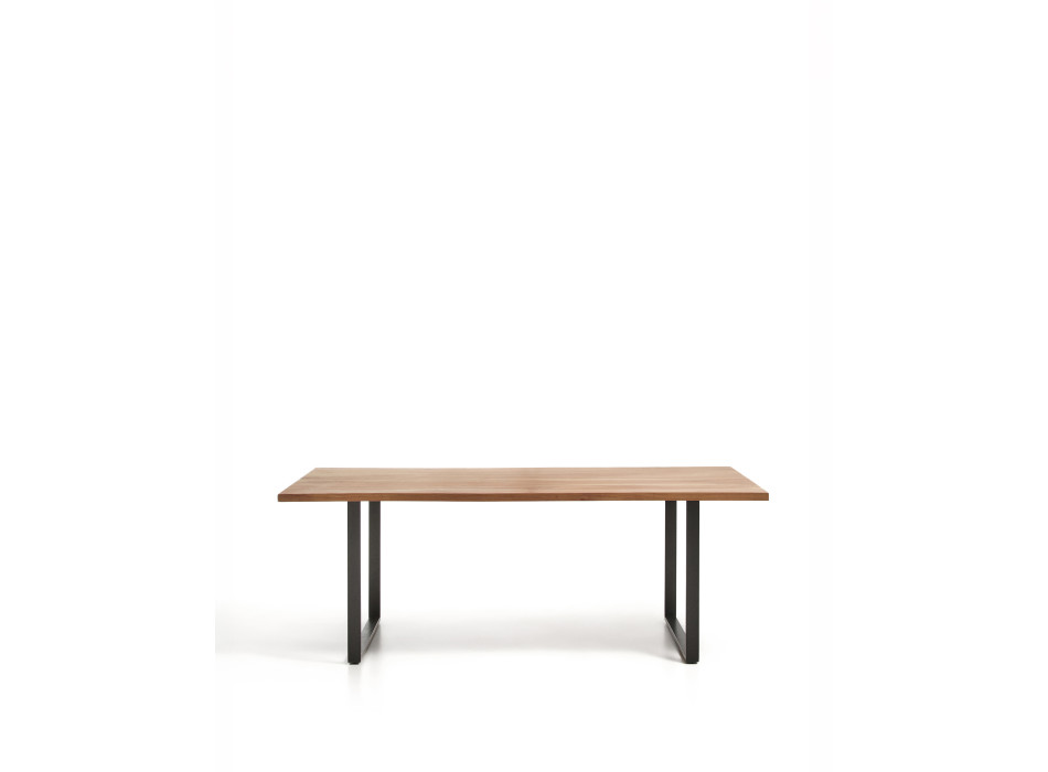 Mesa Uxue de madera maciza de acacia con patas de acero negro, 200 x 90 cm.