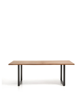 Mesa Uxue de madera maciza de acacia con patas de acero negro, 220 x 100 cm.
