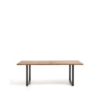Mesa Uxue de madera maciza de acacia con patas de acero negro, 220 x 100 cm.