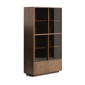 Vitrina Helvine con 4 puertas y 2 cajones en chapa de fresno con acabado en nogal y cristal templado 100 x 174 cm FSC 100%