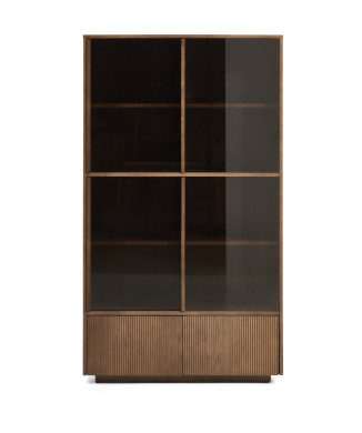 Vitrina Helvine con 4 puertas y 2 cajones en chapa de fresno con acabado en nogal y cristal templado 100 x 174 cm FSC 100%