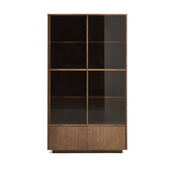 Vitrina Helvine con 4 puertas y 2 cajones en chapa de fresno con acabado en nogal y cristal templado 100 x 174 cm FSC 100%