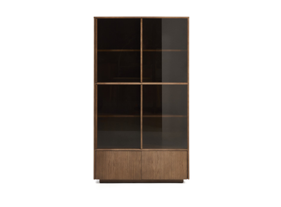 Vitrina Helvine con 4 puertas y 2 cajones en chapa de fresno con acabado en nogal y cristal templado 100 x 174 cm FSC 100%